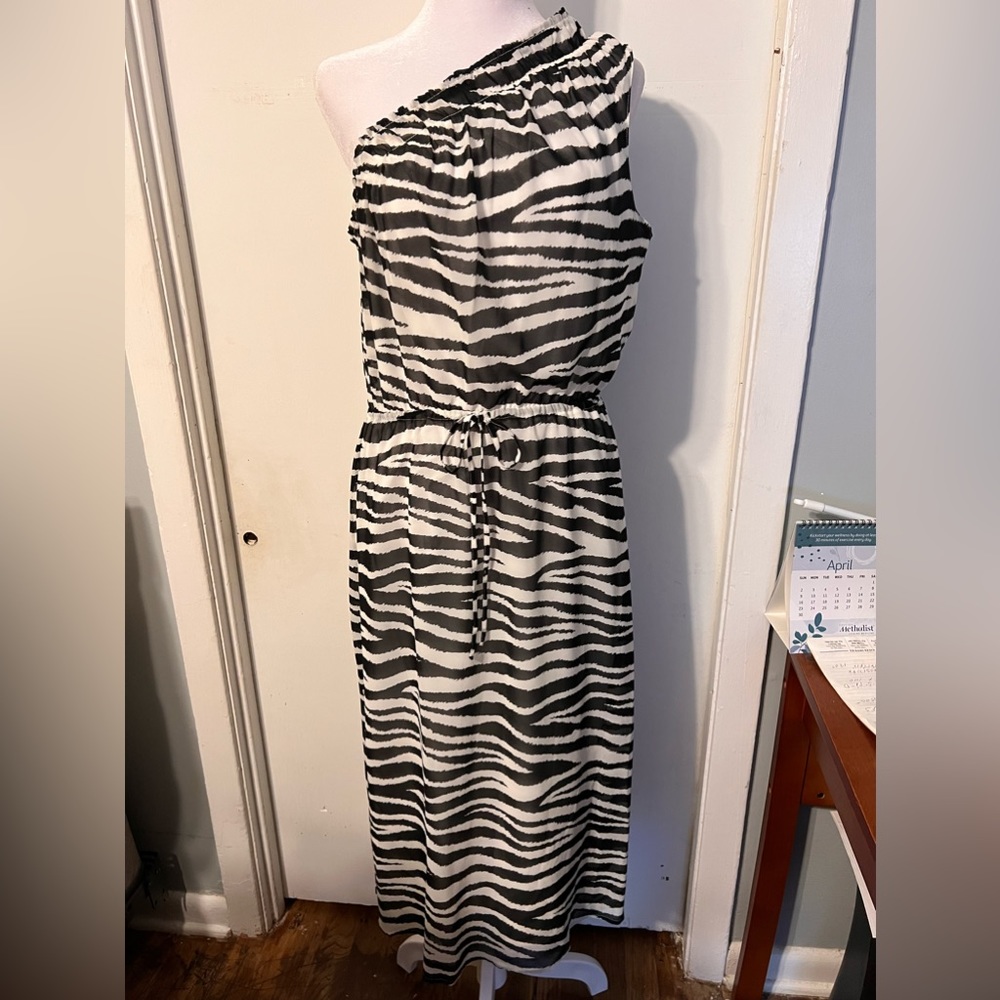 Worthington M One Shoulder Zebra Print Midi Dress Tie Waist A Line Lined